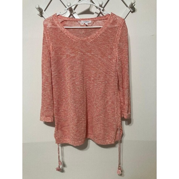 Talbots Sweater Women's Size Mp Pink White 100% Pima Cotton Tassel Tie Open Knit - Picture 1 of 9